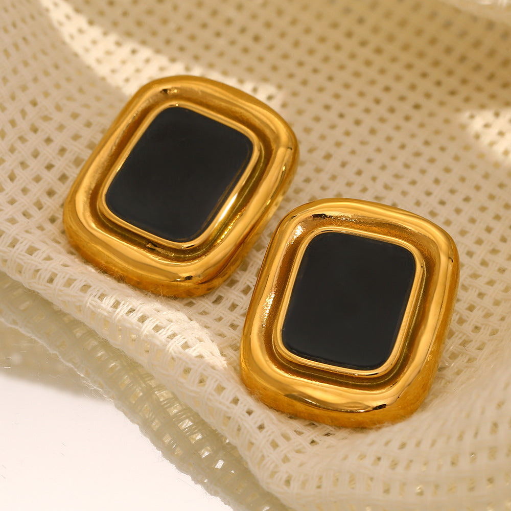 Fashionable Geometric Black Onyx Frame Stud Earrings in Stainless Steel with 18K Gold Plating for Women
