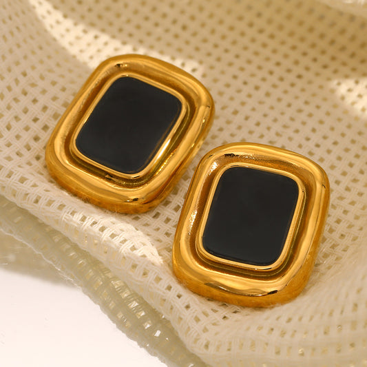 Aretes de tuerca con marco geométrico de ónix negro de moda en acero inoxidable con baño de oro de 18 quilates para mujer