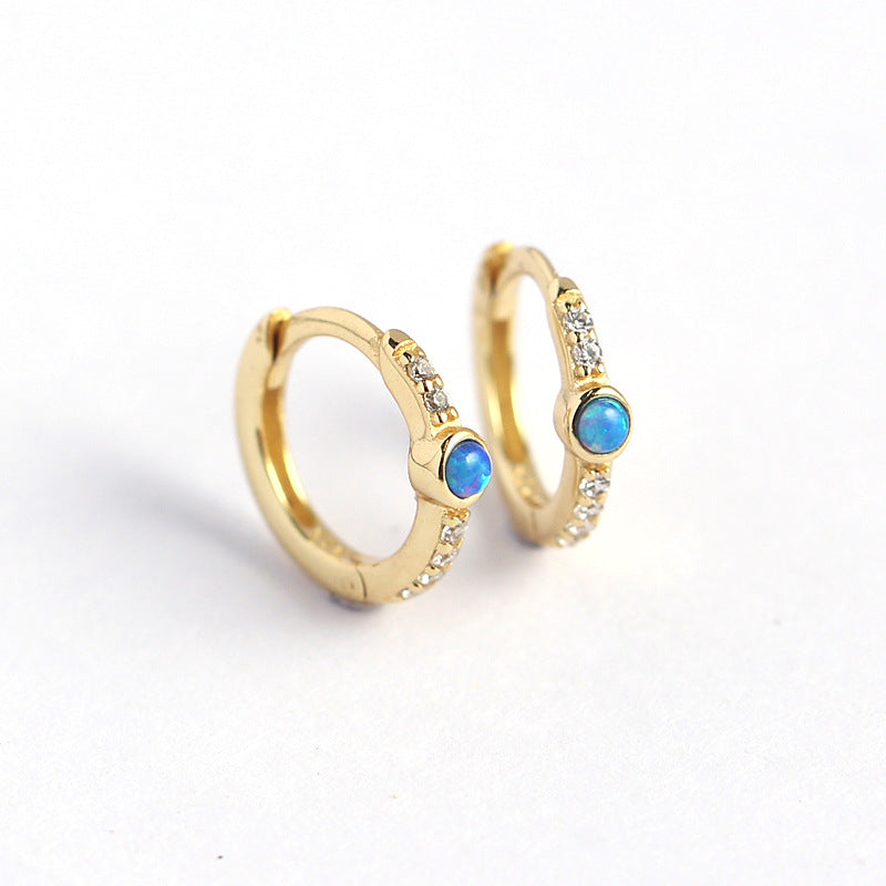 Eleganti Orecchini a Lobo da Donna in Argento Sterling 925 con Opale Geometrico Rotondo e Intarsi in Zirconia Cubica