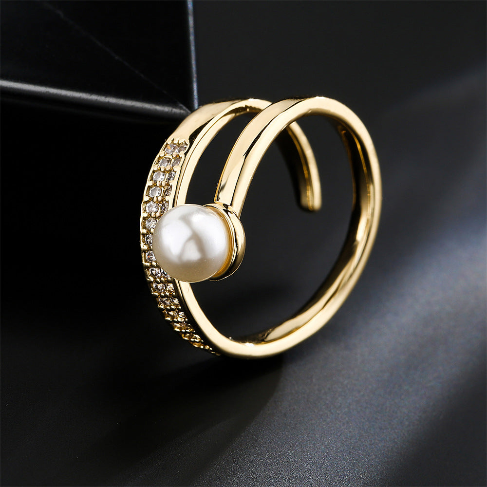 Anillo abierto geométrico para mujer de cobre con micro-pavé de circonita y chapado en oro de 18K