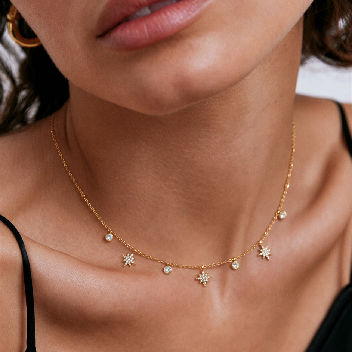 Sweet 18K Gold Plated Stainless Steel Star Cubic Zirconia Pendant Necklace for Women