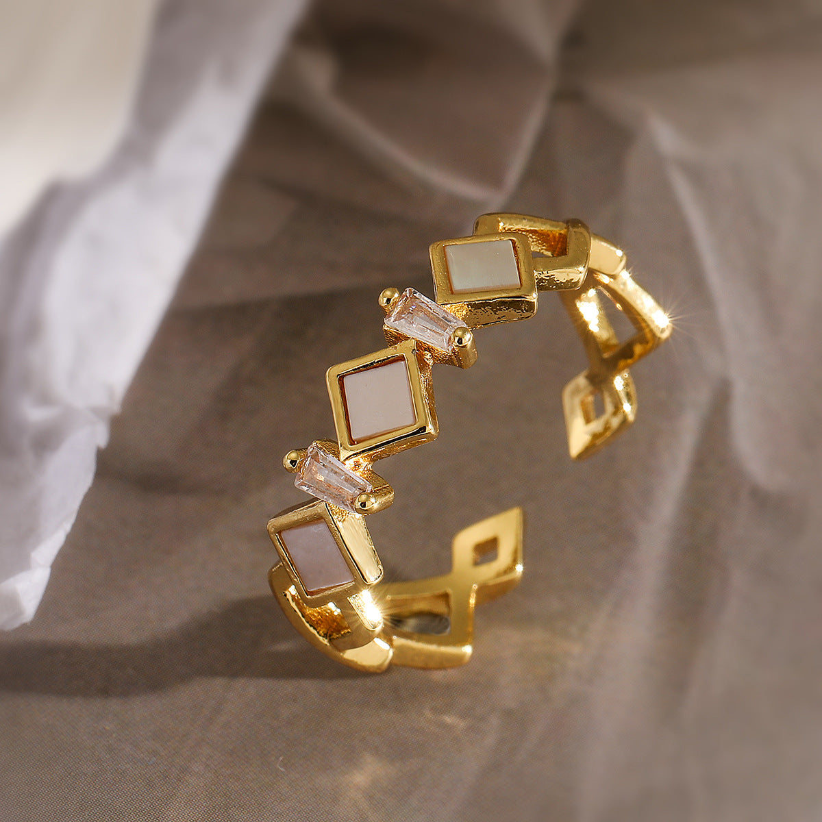 Minimalist Geometric Open Ring for Women in Brass with 18K Gold Plating and Zircon Inlay