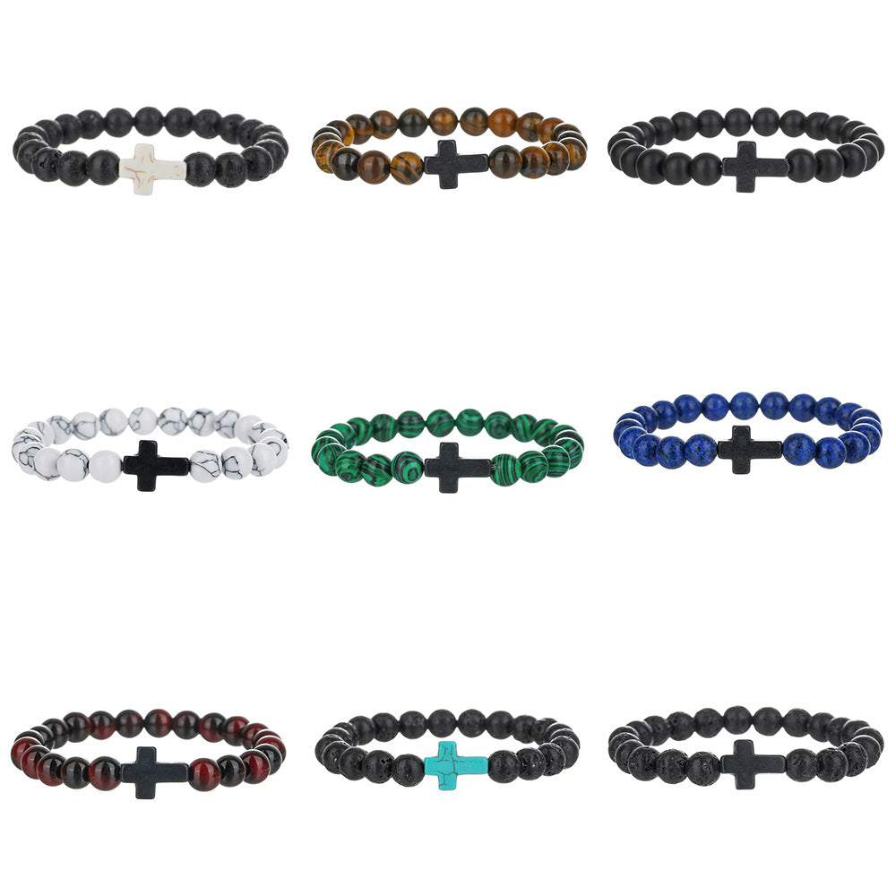 Handmade Geometric Cross Turquoise Tiger Eye Obsidian Lapis Lazuli Beaded Bracelet Unisex