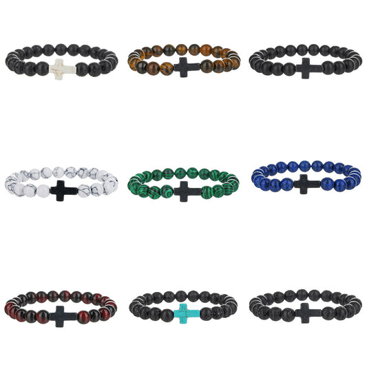 Handmade Geometric Cross Turquoise Tiger Eye Obsidian Lapis Lazuli Beaded Bracelet Unisex