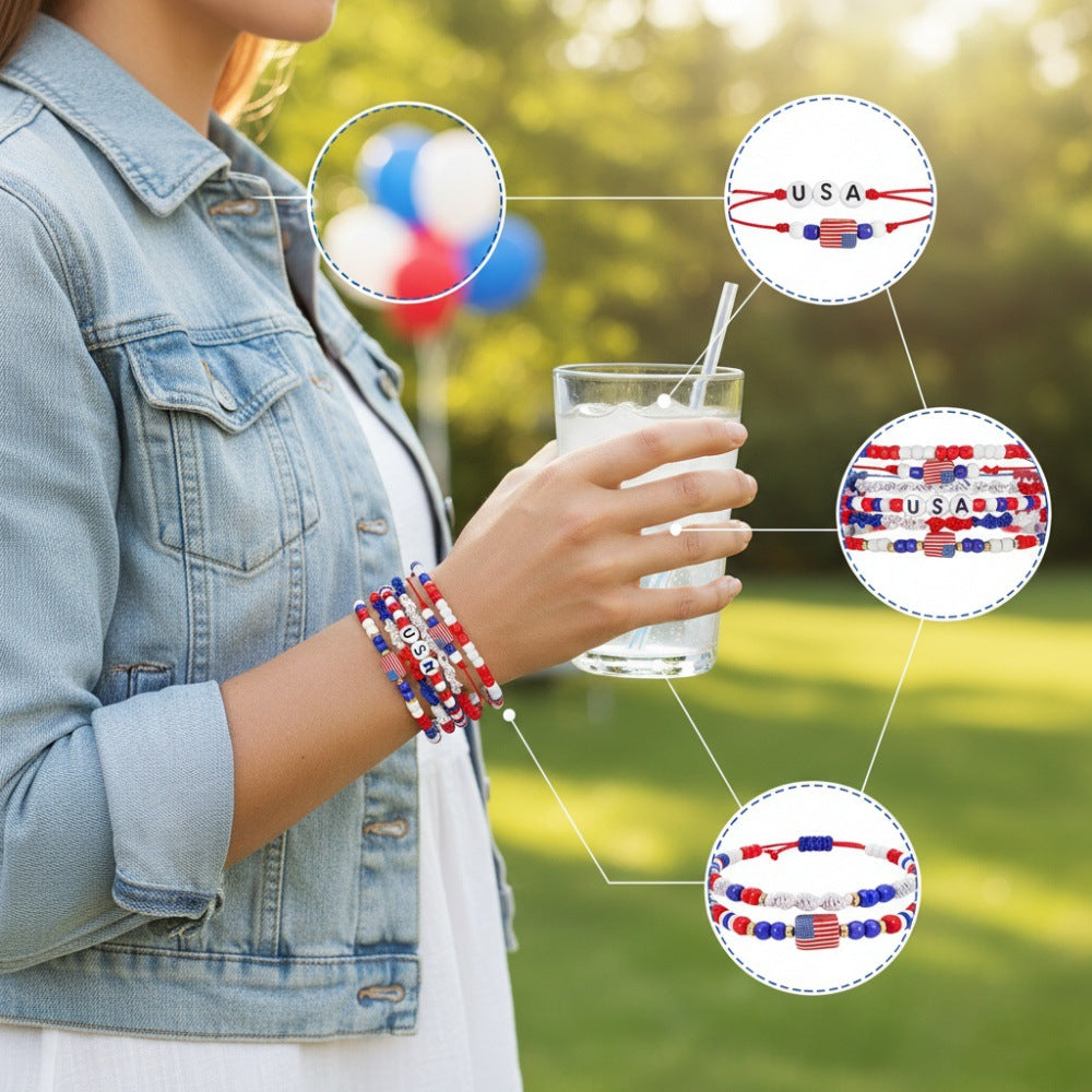 Personalized Geometric Round Resin Beaded Bracelet Unisex USA Flag