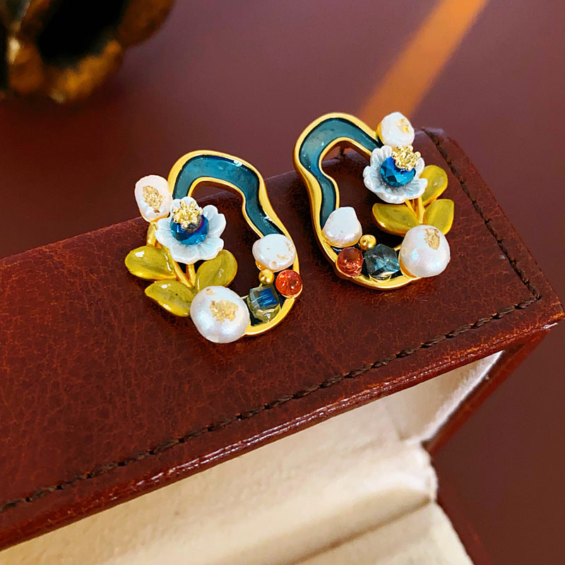 Vintage Floral and Geometric Enamel Earrings for Women with Gold-Plated Brass Base and Stainless Steel Posts
