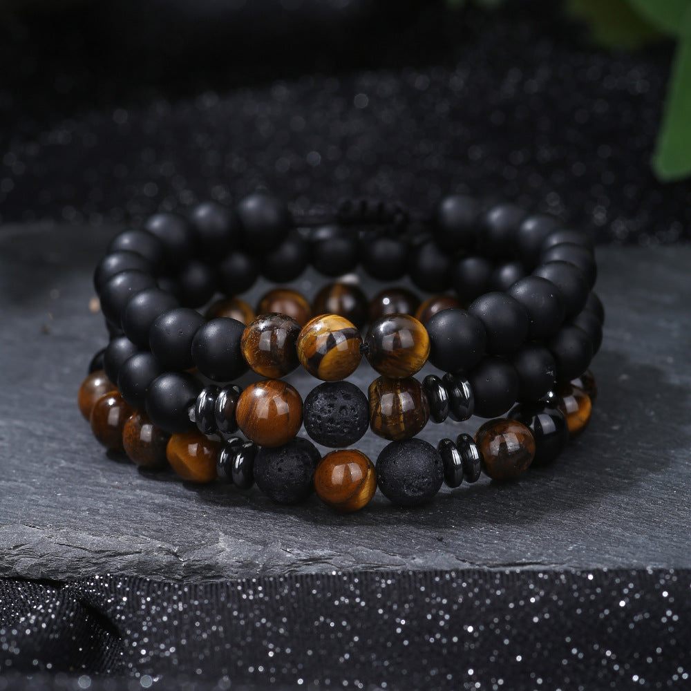 Handmade Geometric Obsidian Beaded Bracelet Set for Men and Women