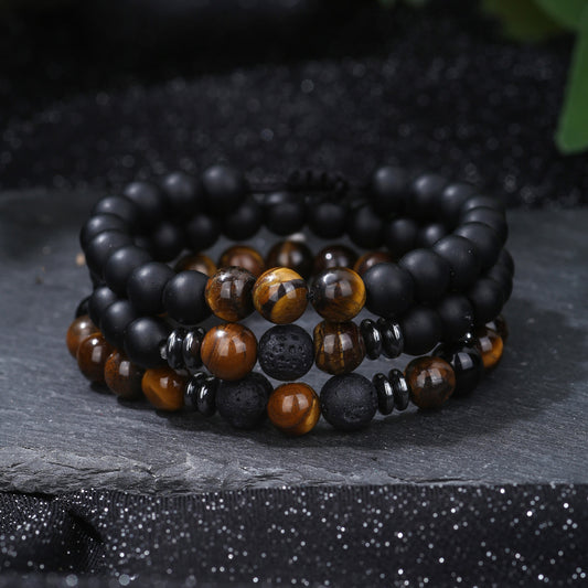 Handmade Geometric Obsidian Beaded Bracelet Set for Men and Women