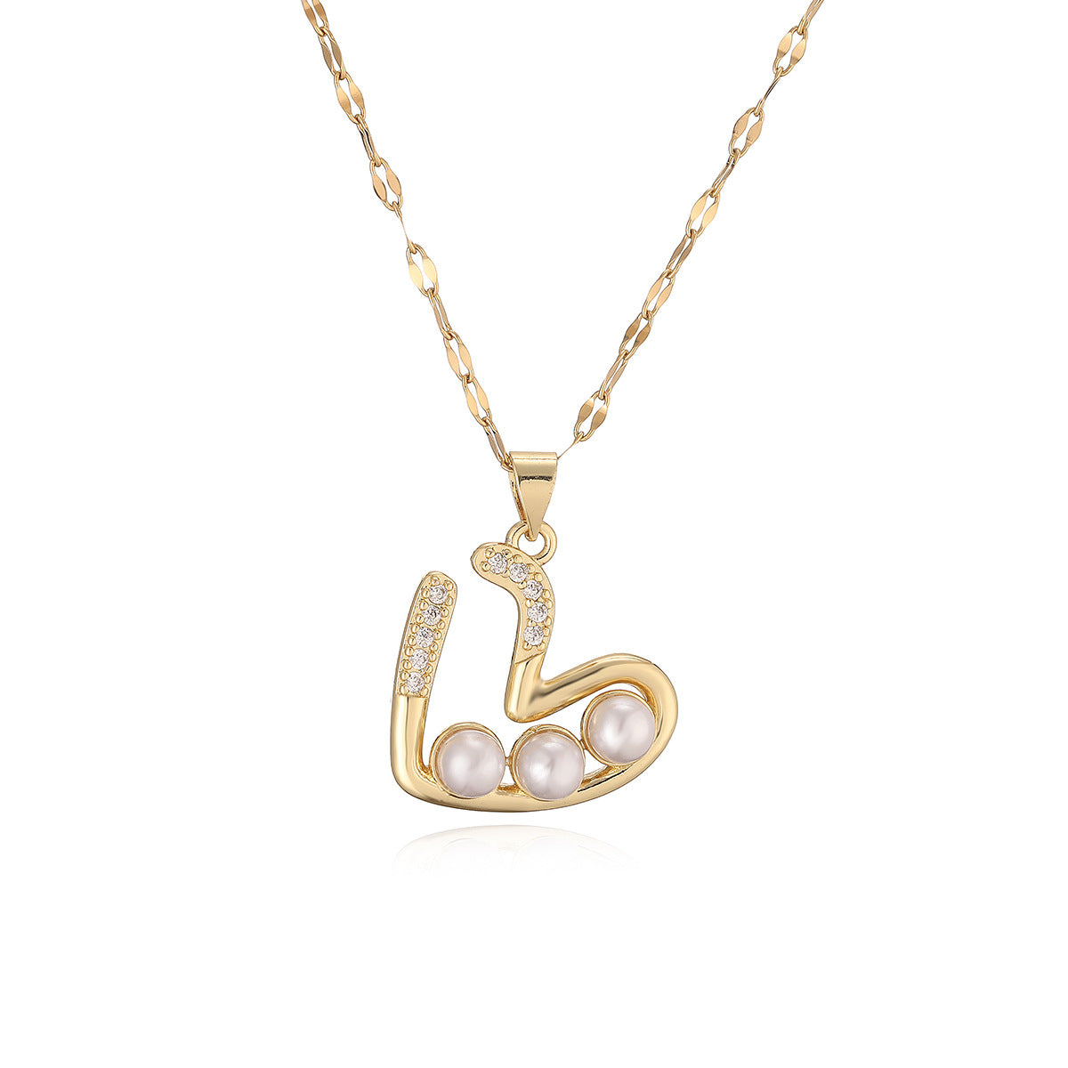 Elegant Minimalist 18K Gold Plated Brass Heart Necklace with Cubic Zirconia and Pearl Pendant for Women