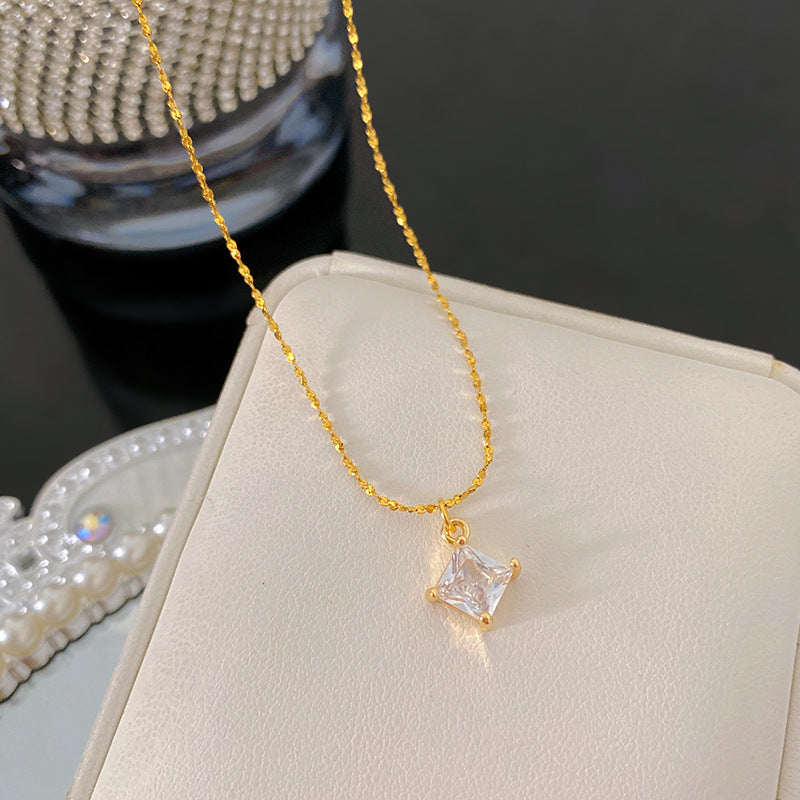 Minimalist Square Geometric Cubic Zirconia Plated Titanium Steel Necklace for Unisex
