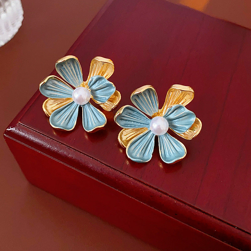 Chic Geometric Enamel Blue Green Contrast Stud Earrings for Women with Stainless Steel Posts