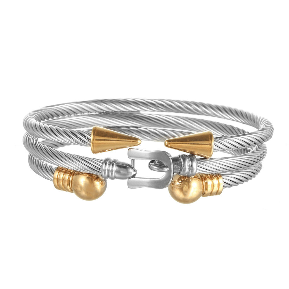 Punk Geometric Round Letter Titanium Steel Plated Open Cuff Bracelet Set for Unisex