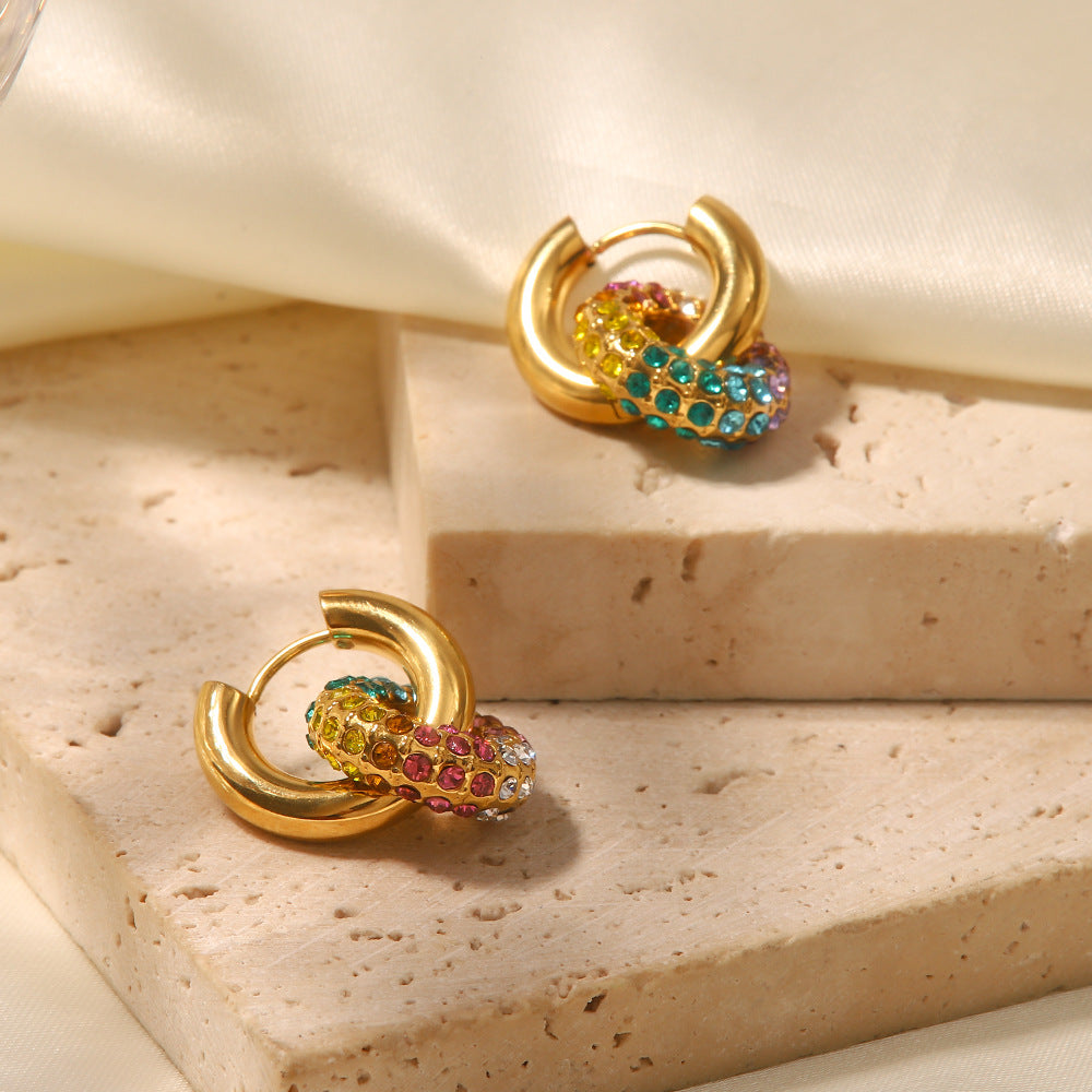 Colorful Rainbow Geometric Stainless Steel Earrings with 18K Gold Plating for Women
