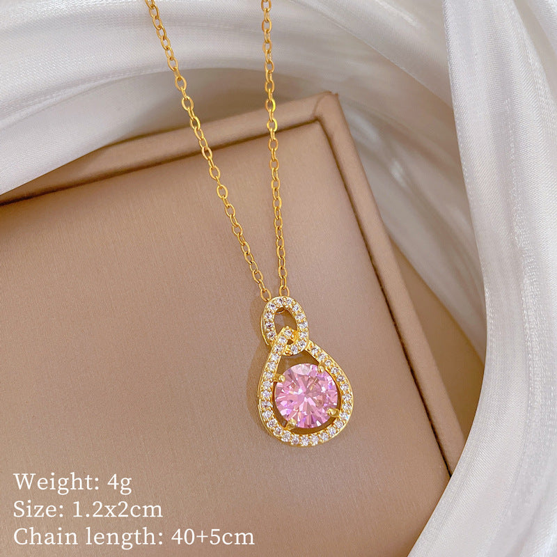 Collana con Pendente a Goccia d'Acqua Infinita Geometrica Minimalista Rosa da Donna in Acciaio al Titanio con Intarsio Completo di Strass