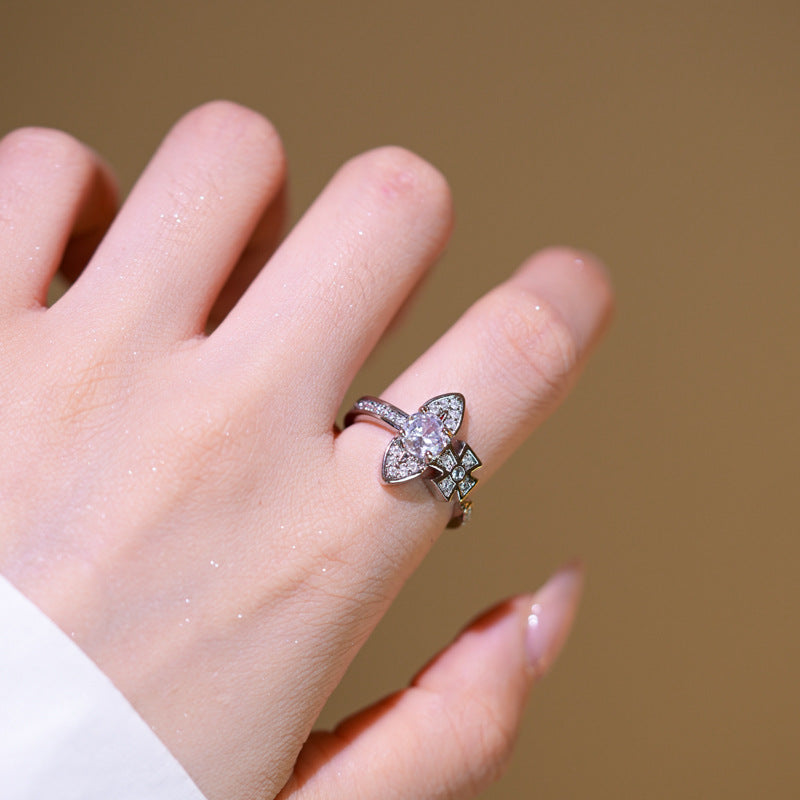 Luxury Minimalist Adjustable Open Ring for Women with Gold-Plated Copper Band and Zircon Stone Accent in Heart and Floral Shape