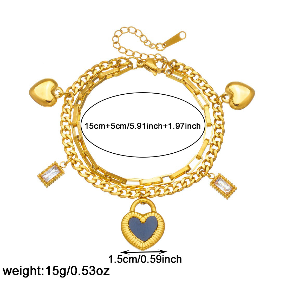 Luxury Gold Plated Stainless Steel Double Layer Chain Bracelet with Heart and Square Pendants for Women