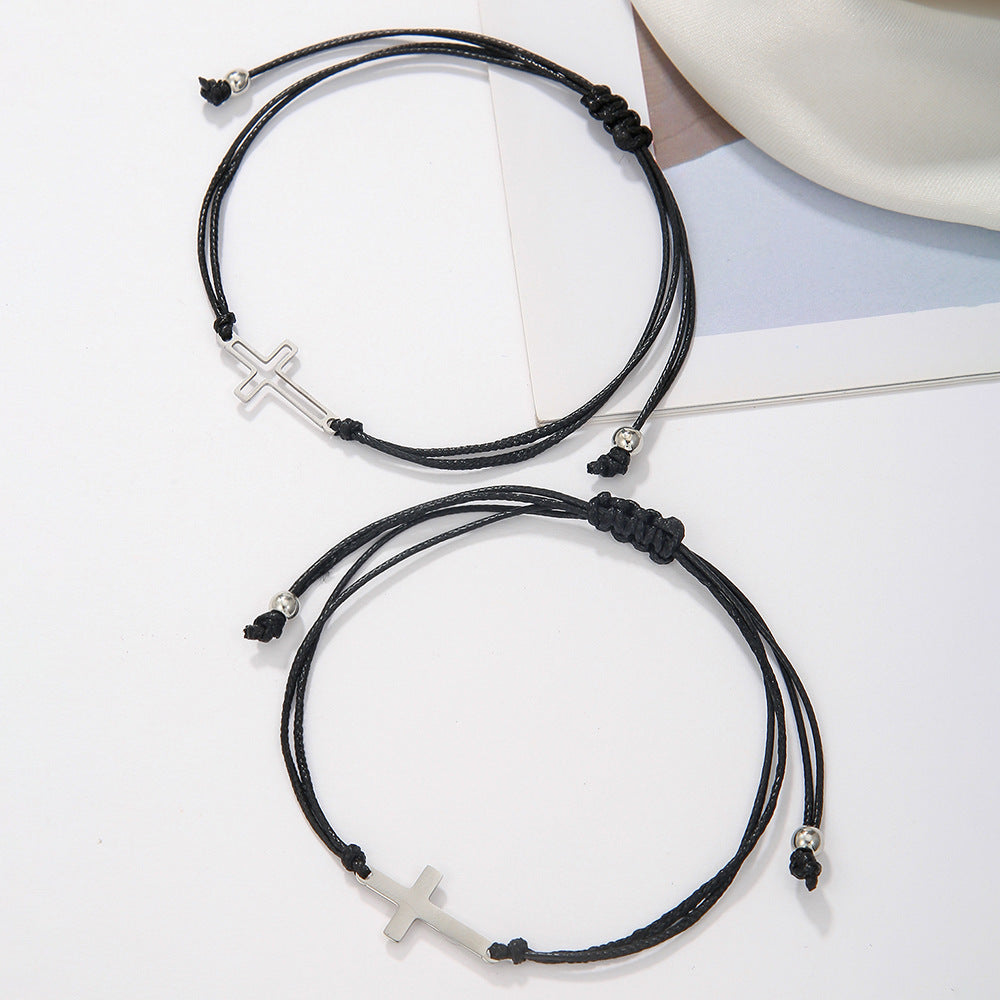 Bracciale Minimalista Geometrico in Acciaio Inossidabile con Ciondolo a Croce Vuota, Intrecciato a Mano, Regolabile, Set per Coppie, Donne e Amici