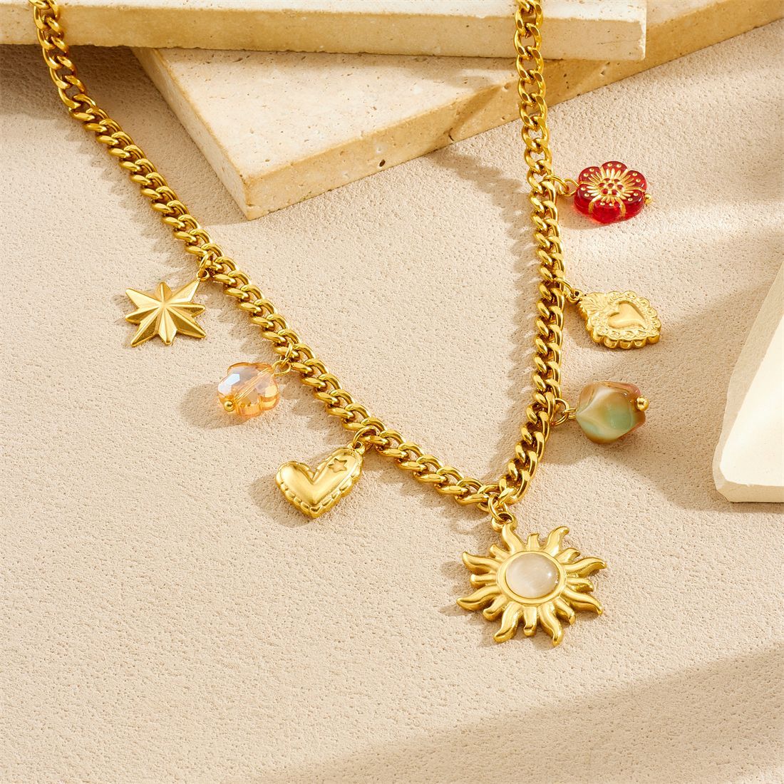 Vintage Gold Plated Sun Star Geometric Acrylic Beaded Printed Stainless Steel Jewelry Set for Women