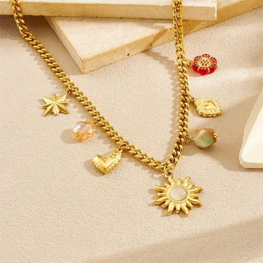 Vintage Gold Plated Sun Star Geometric Acrylic Beaded Printed Stainless Steel Jewelry Set for Women