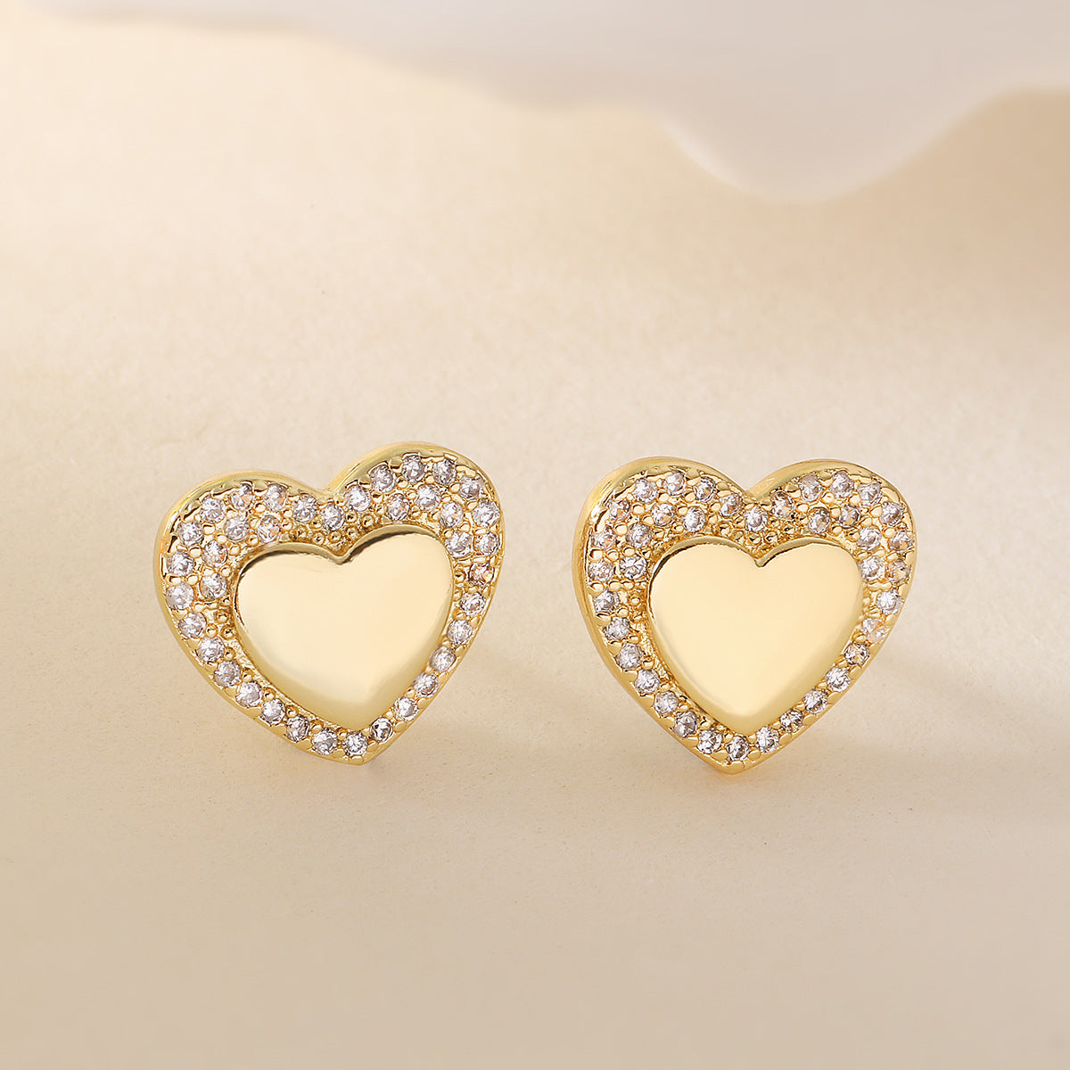 Minimalist Heart-Shaped Copper Earrings with 18K Gold Plating and Cubic Zirconia Inlay for Women