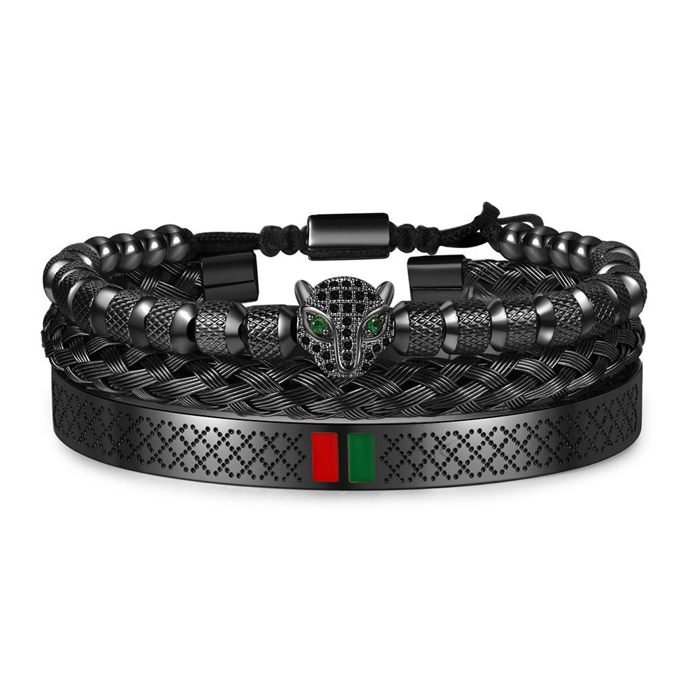 Hip-hop Men's Brass Cubic Zirconia Leopard Head Stainless Steel Bracelet Cuff Set