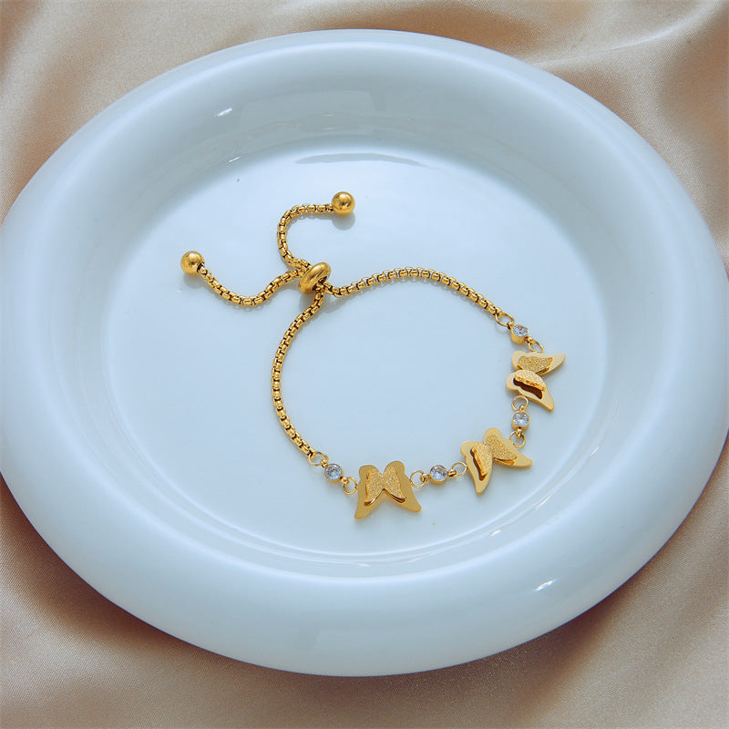 Minimalist Butterfly-Shaped Titanium Steel Pull-Chain Bracelet with Gold Plating for Women