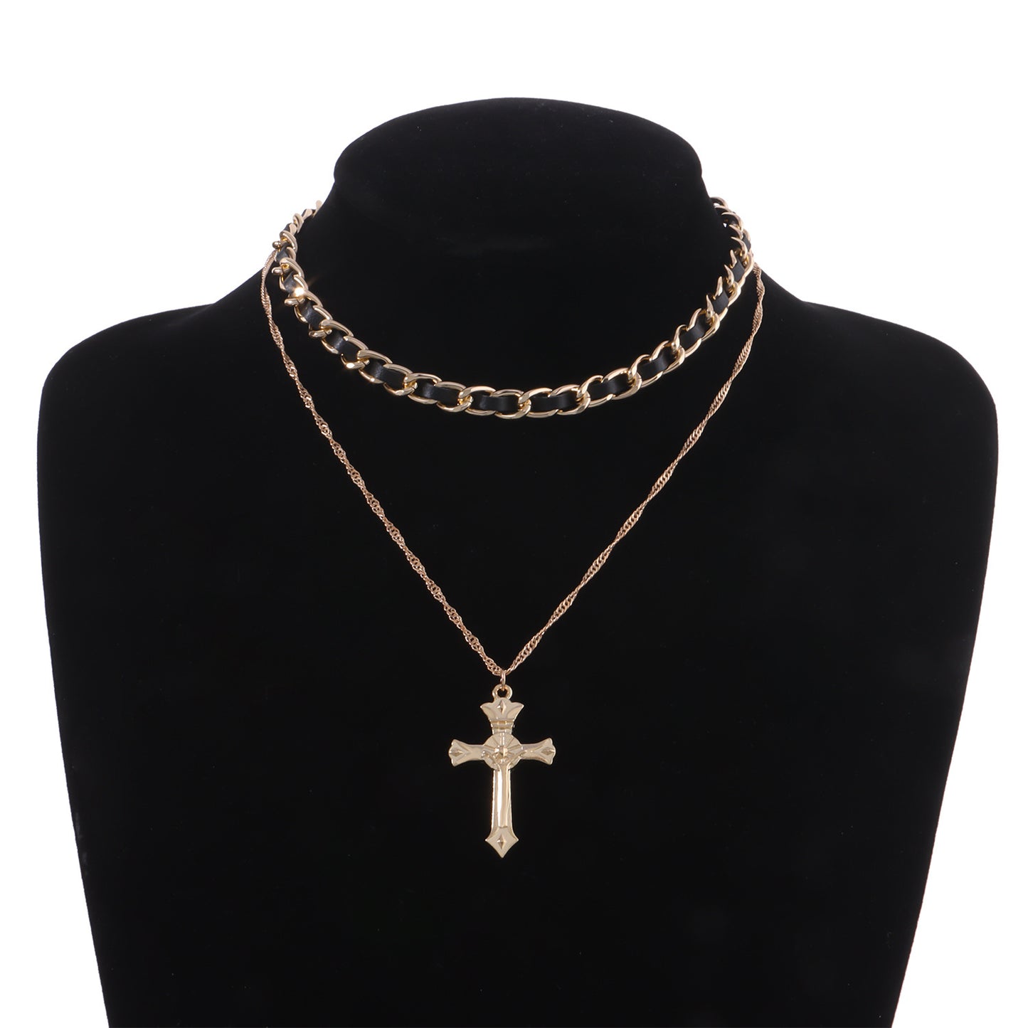 Vintage Cross Pendant Necklace for Women in Alloy with Electroplated Finish and Adjustable Black Leather Cord