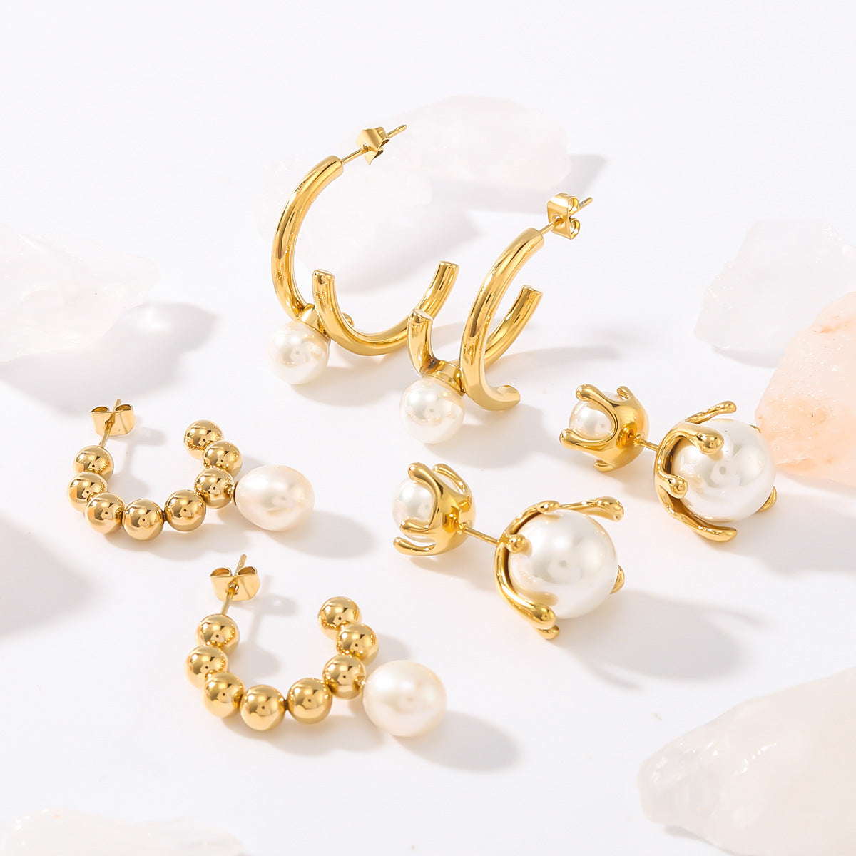 Vintage French Style Geometric C-Shaped Stainless Steel Earrings with Pearl Inlay Plated in 18K Gold for Women