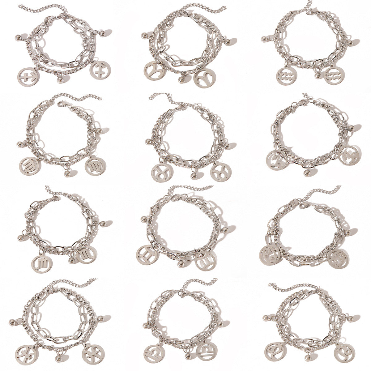 INS Style Zodiac Bracelet with Double Layer Cuban Link Chain Stainless Steel Pendant and 18K Vacuum Plated Finish