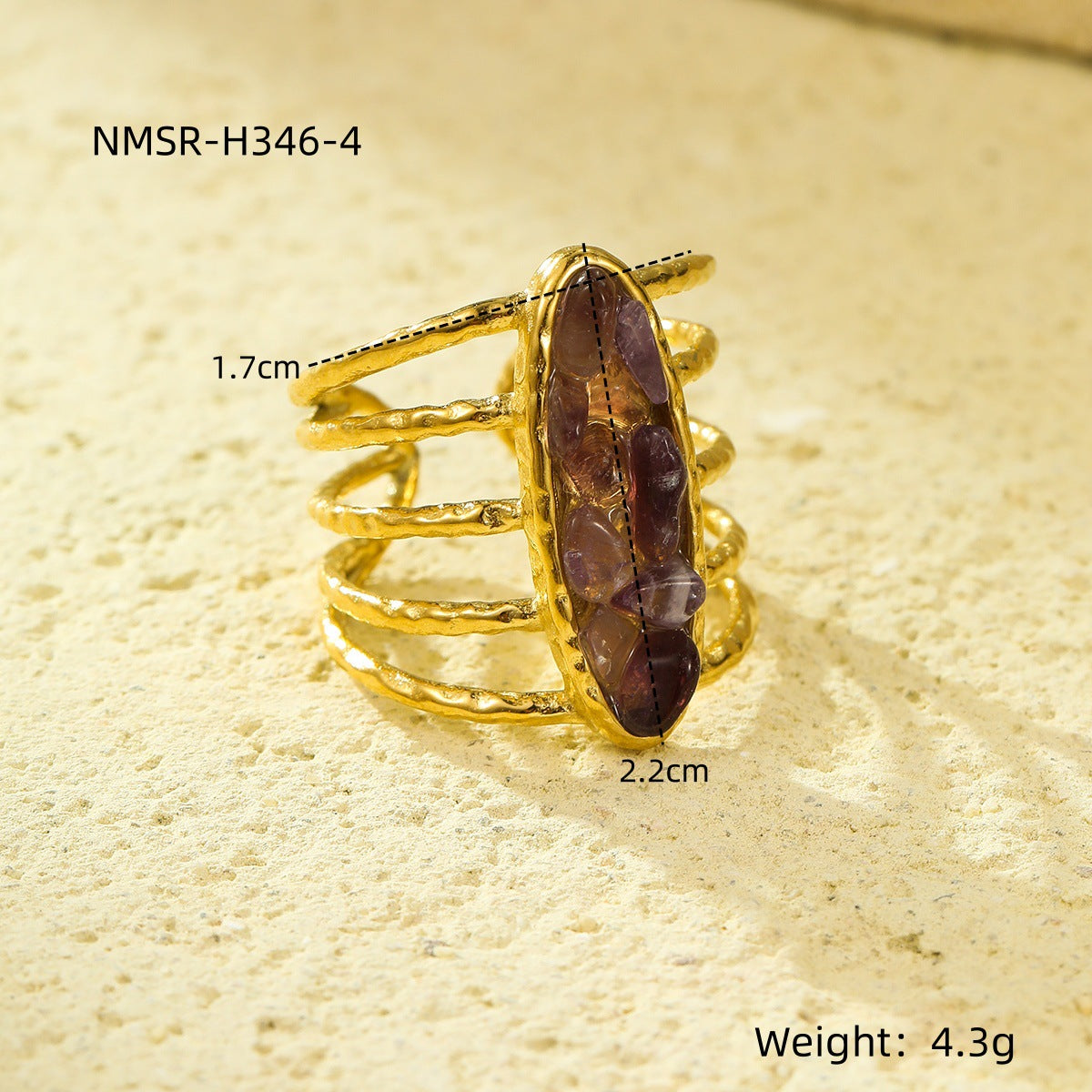Anello Aperto Minimalista Geometrico in Acciaio al Titanio Placcato Oro 18K con Intarsio in Pietra Naturale
