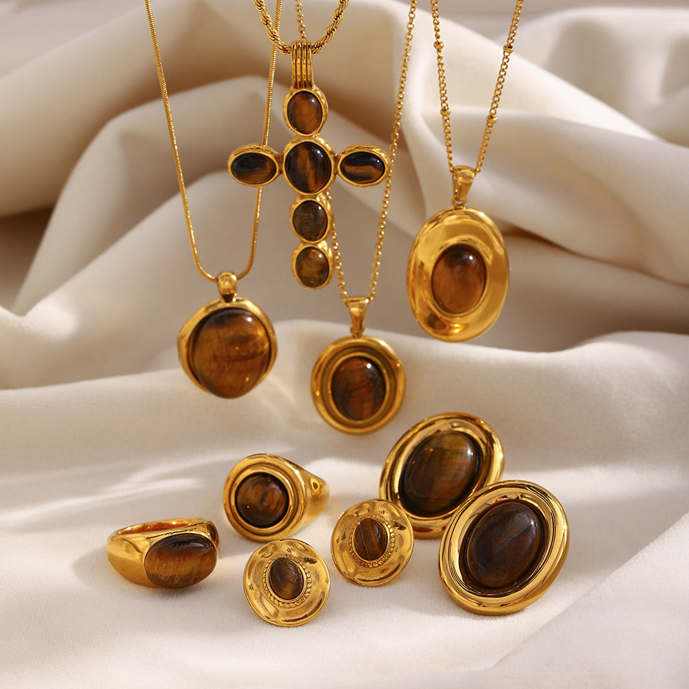 Minimalist Oval Tiger Eye Cross Necklace in Stainless Steel with 18K Gold Plating for Women