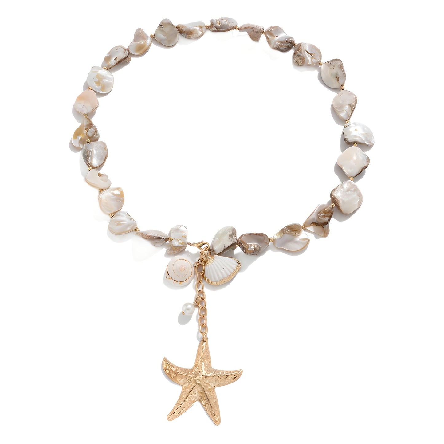 Sweet Geometric Star Zinc Alloy Plated Necklace with Irregular Shell and Starfish Pendant for Women