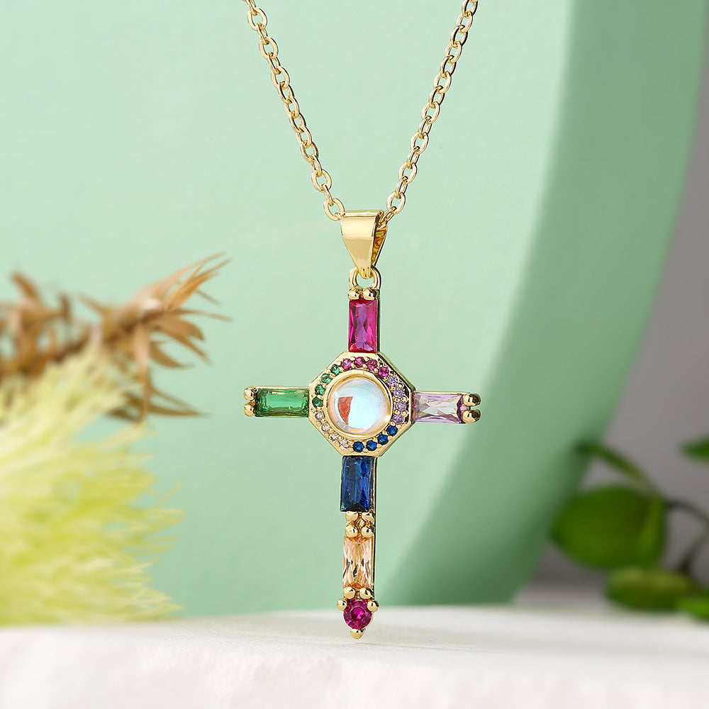 Collana con Ciondolo a Croce Minimalista da Donna in Rame con Placcatura in Oro 18K e Intarsio in Zirconi