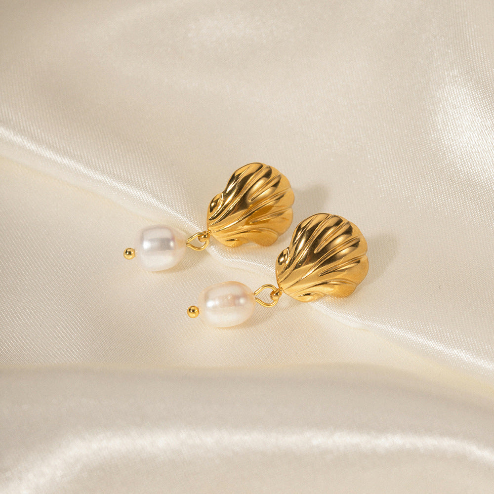 Pendientes geométricos de acero inoxidable con baño de oro y colgante de perla de agua dulce para mujer