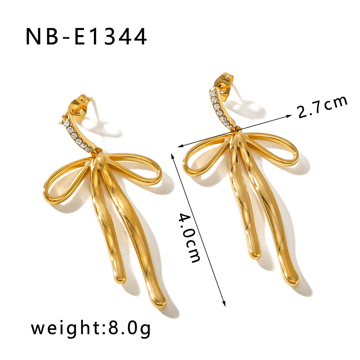 Pendientes colgantes de acero inoxidable en forma de lazo estilo Ins con incrustaciones de circonitas y baño de oro de 18 quilates para mujer