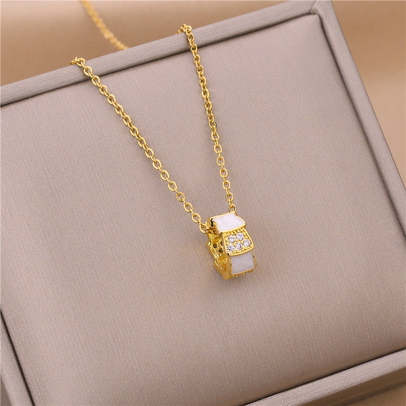 Minimalist 18K Rose Gold Plated Titanium Steel Snake Chain Necklace with Rhinestone and White Mother of Pearl Water Drop Pendant