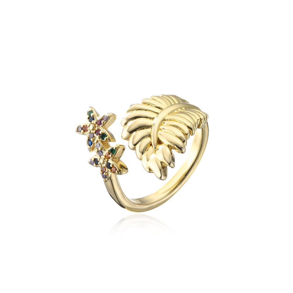 Bohemian Vintage Geometric Leaf Star Gold Plated Brass Ring for Women