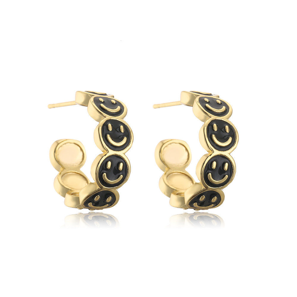 Cute Playful INS-Style Geometric C-Shaped Smiley Face Earrings for Women with Copper Base and 18K Gold Plating and Enamel Finish