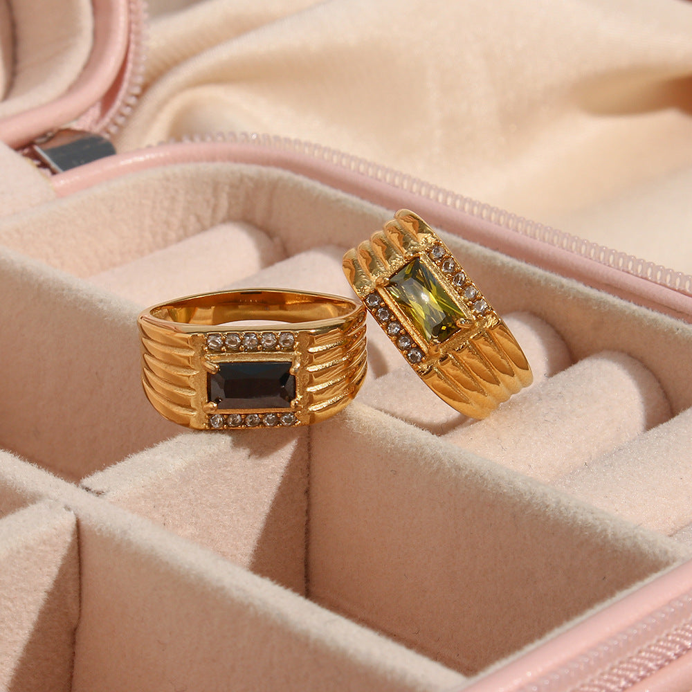 Casual Geometric Stainless Steel Ring with 18K Gold Plating and Cubic Zirconia Inlay for Women