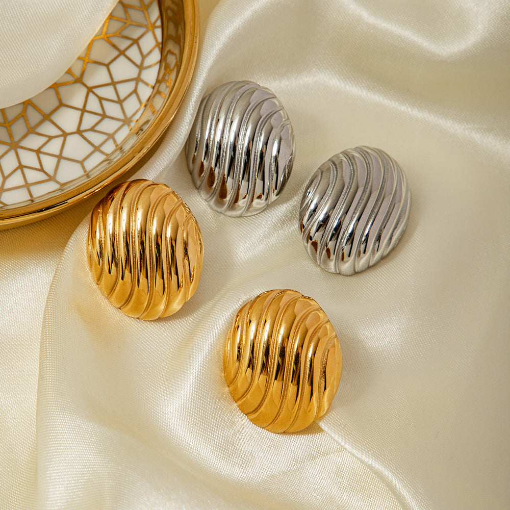 Geometric Stainless Steel Earrings with 18K Gold Plating and Textured Grid Pattern for Women