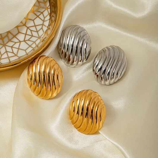 Geometric Stainless Steel Earrings with 18K Gold Plating and Textured Grid Pattern for Women
