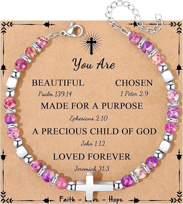 Sweet Geometric Cross Stainless Steel Bracelet with 4mm Amethyst and Amazonite Beads Unisex