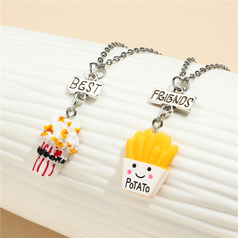 Collana pendente Popcorn e Patatine Fritte a cartone animato per bambini, ciondolo in resina su catena ondulata, gioielli artigianali divertenti per l'amicizia