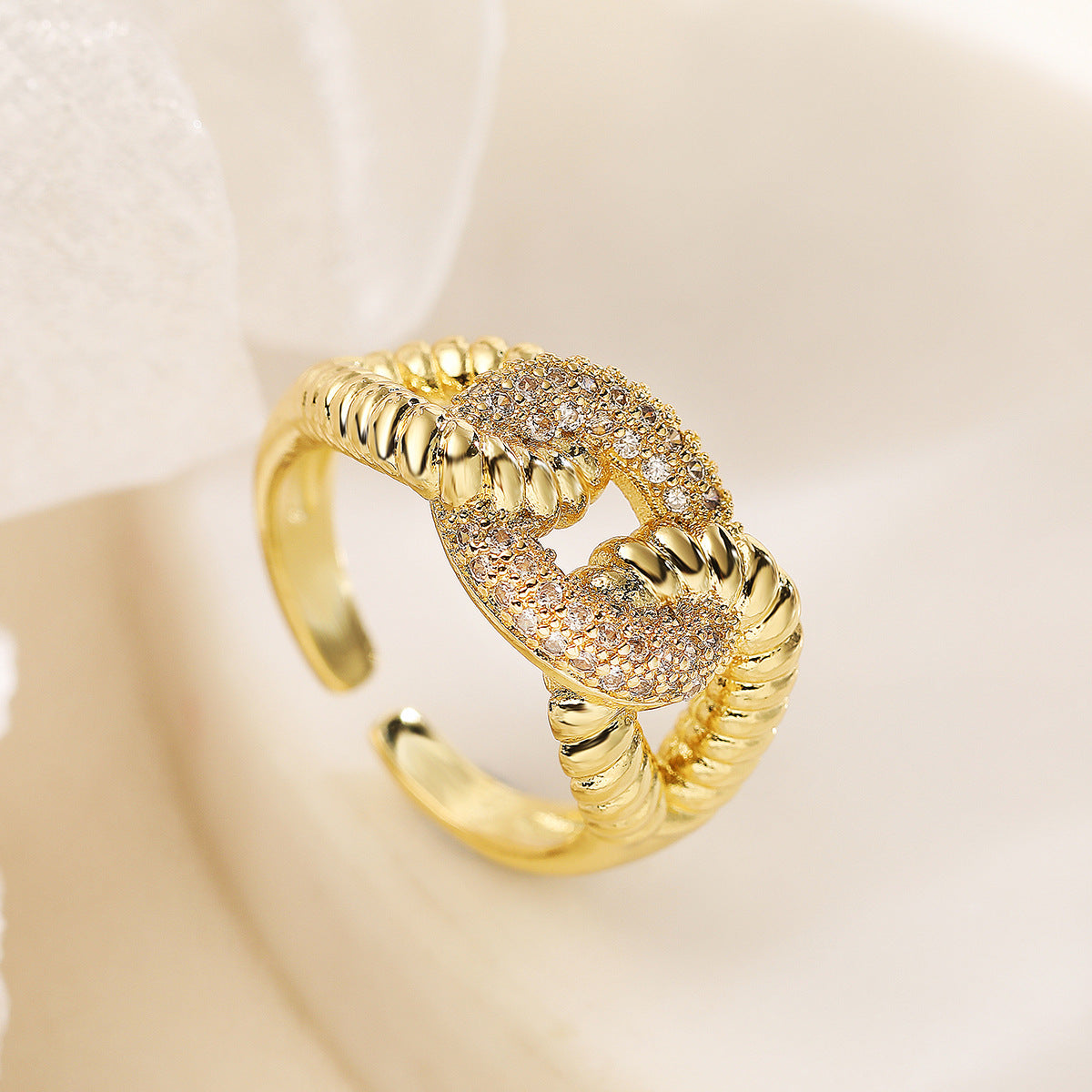 Geometric Open Ring for Women with Copper Base Plated in 18K Gold and Micro-Paved Zirconia, Fashion-Forward Minimalist Design