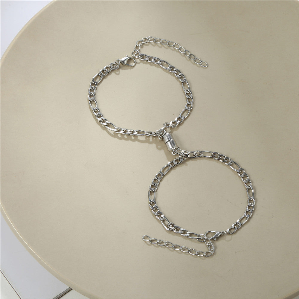 Minimalist Geometric Lock and Key Magnetic Couple Bracelet Set Alloy Plated