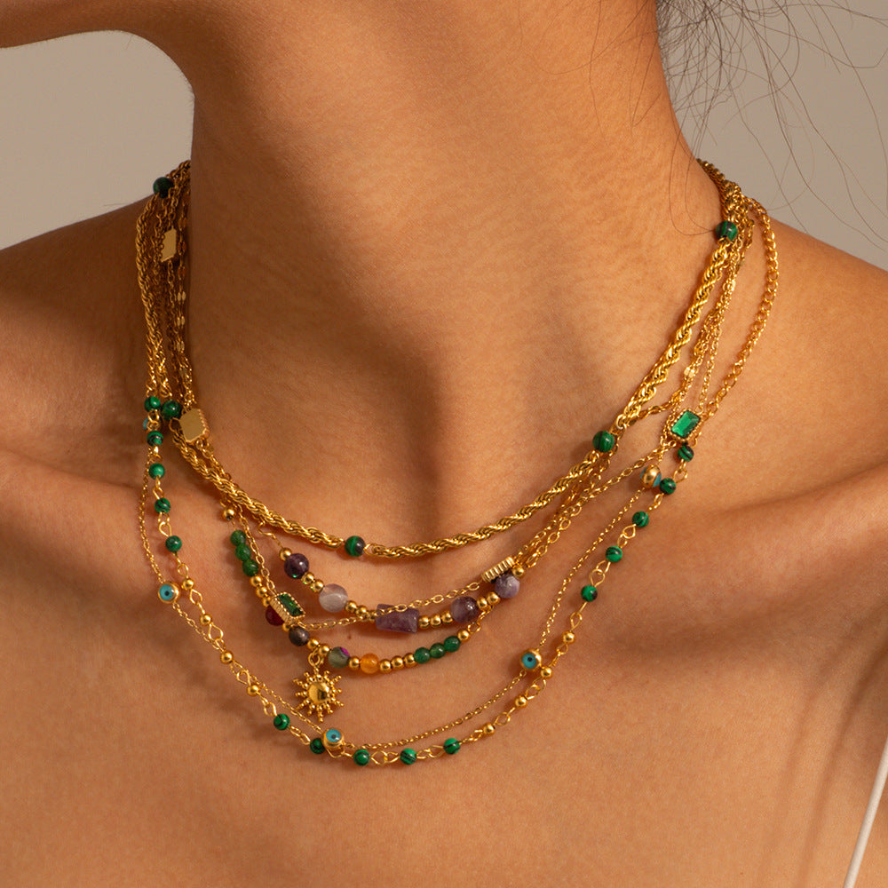Collar multicapa de moda con cuentas turquesas de acero inoxidable chapado en oro de 18 quilates con diseño geométrico para mujer