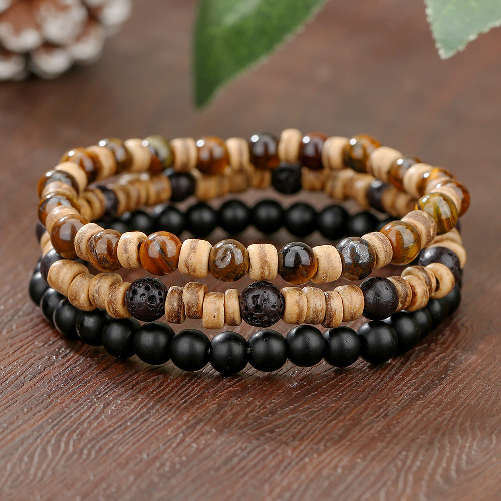 Vintage Round Wood and Agate Beaded Bracelet for Men and Women