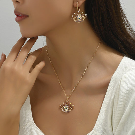 Conjunto de collar con colgante de ojo turco minimalista y pendientes de botón para mujer, de aleación con incrustaciones de diamantes de imitación