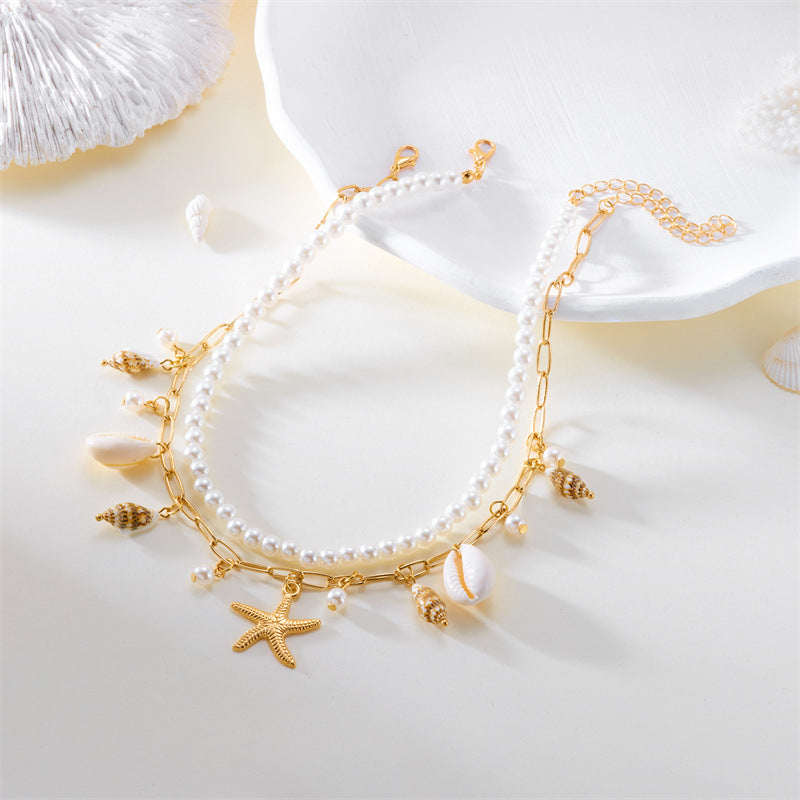 Bohemian Handmade Beaded Geometric Starfish Shell Alloy Necklace Set for Women