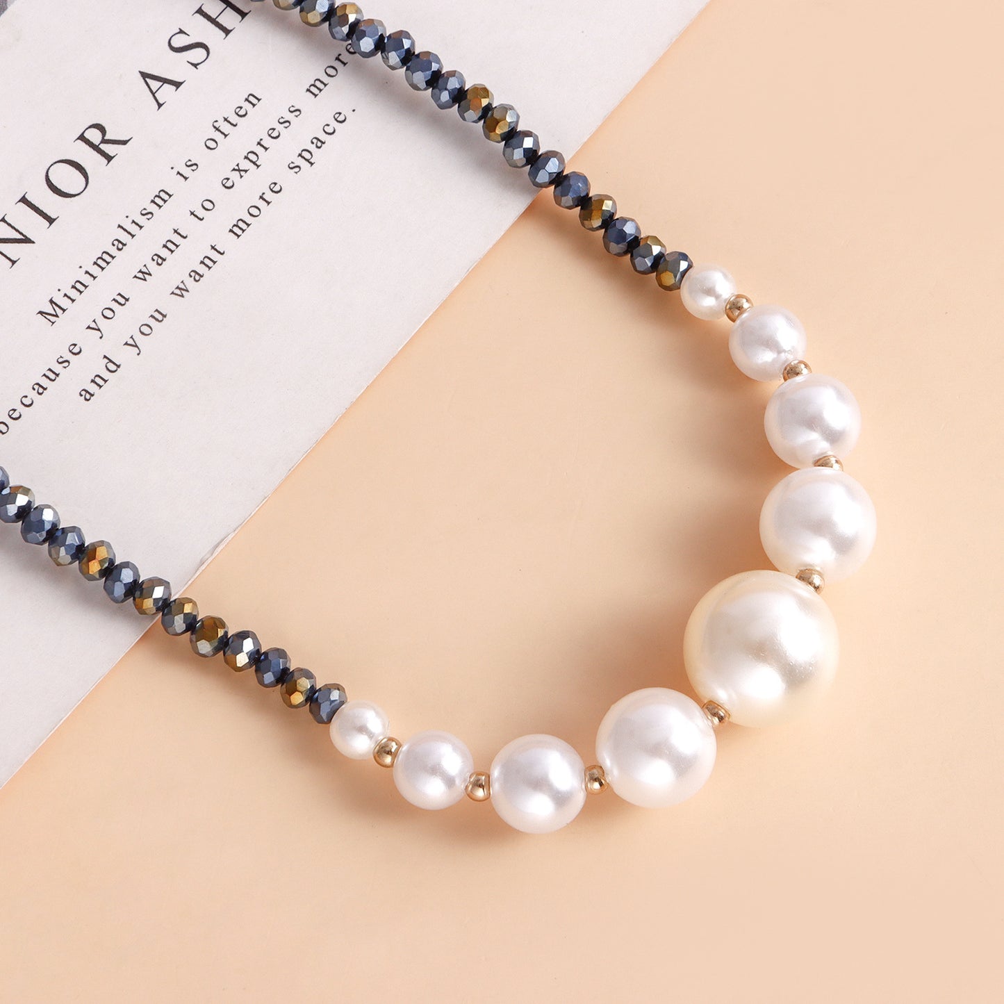Geometric Black Crystal Faux Pearl Pendant Necklace for Women with Plated Alloy Chain and Clavicle-Style Design